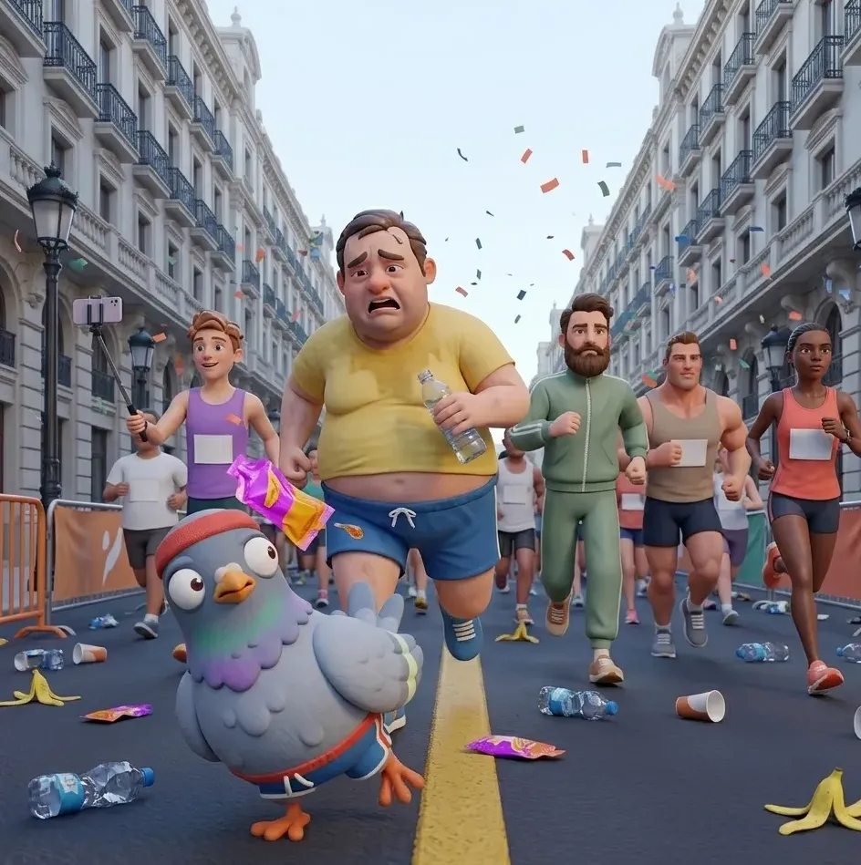 Paloma madrileña rodeada de corredores y basura en la calle