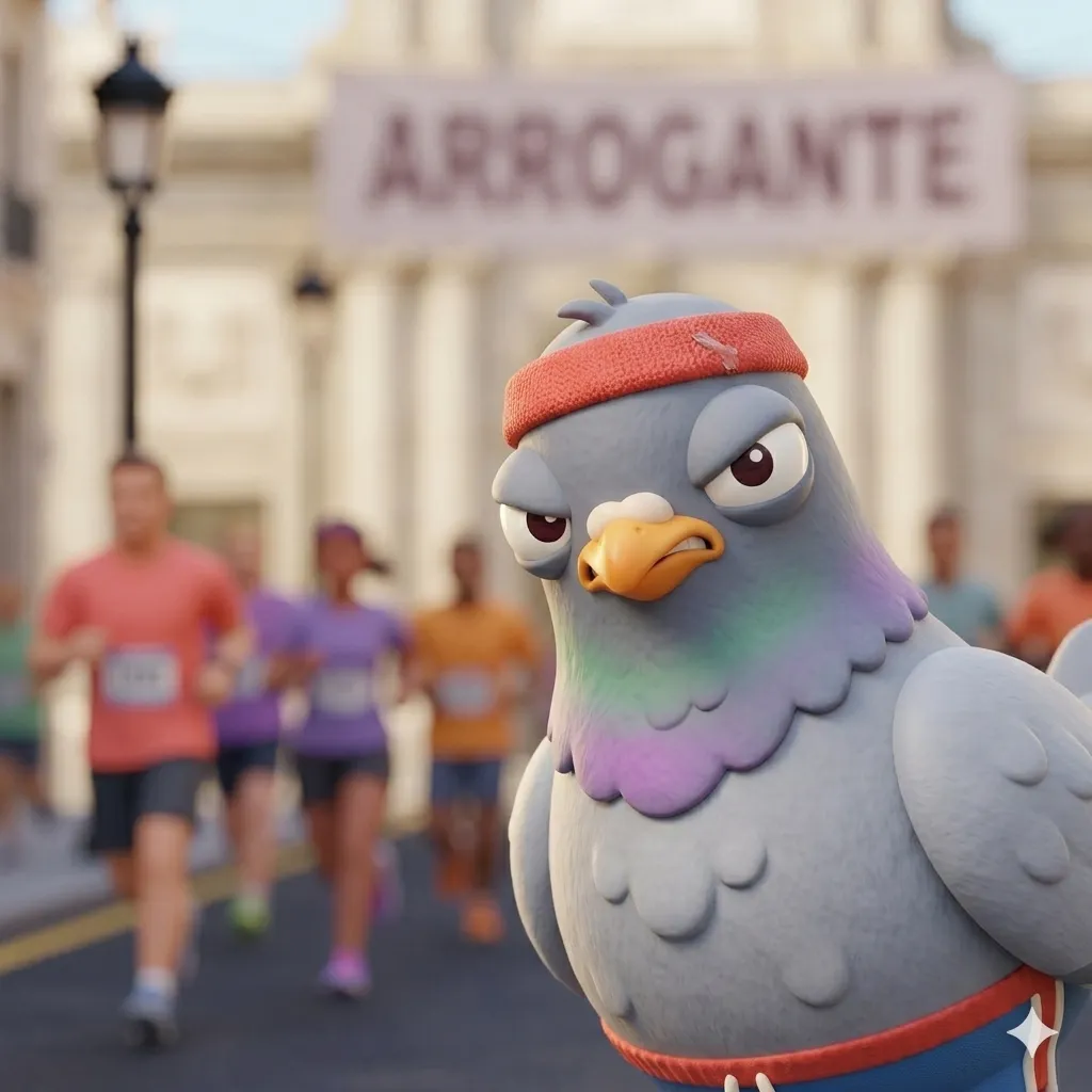 Paloma madrileña con cara de determinación, lista para esquivar corredores
