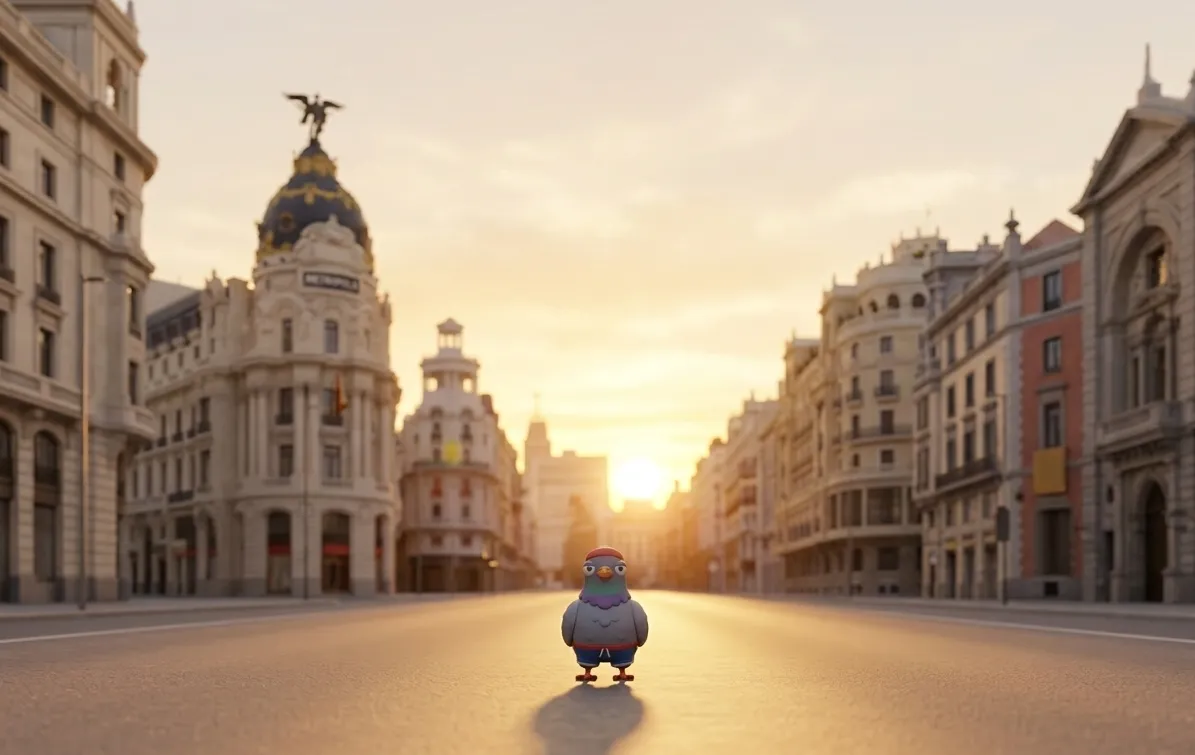 Paloma sola en la calle Alcalá de Madrid al amanecer, con el edificio Metrópolis al fondo